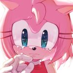  1girl amy_rose animal_ears animal_nose closed_mouth dress frown gloves green_eyes hairband hand_on_another&#039;s_hand hedgehog hedgehog_ears hedgehog_girl highres konjiki_ringo pink_fur red_dress sad simple_background sonic_(series) sonic_the_hedgehog tearing_up tears upper_body white_background white_gloves 