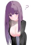  1girl =_= ? absurdres black_robe breasts closed_mouth commentary_request dress fern_(sousou_no_frieren) highres large_breasts long_hair looking_at_viewer memekko open_clothes open_robe purple_eyes purple_hair robe see-through shirt simple_background solo sousou_no_frieren very_long_hair white_background white_dress 