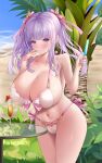  1girl absurdres azur_lane bare_shoulders beach bikini blush bow bow_bikini breasts cameltoe cleavage cup day drinking_glass finger_in_own_mouth finger_sucking food gintokyhenry glass hair_between_eyes highres huge_breasts light_purple_hair looking_at_viewer navel ocean on_table out_of_frame outdoors pink_bow pink_nails pink_ribbon plymouth_(azur_lane) plymouth_(heart-throbbing_refreshment)_(azur_lane) popsicle purple_eyes ribbon sand shore simple_background solo swimsuit table water white_background white_bikini 