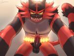  2023 absurd_res anthro balls biped black_balls black_penis black_pubes bodily_fluids colored countershading erection felid feline first_person_view fur generation_7_pokemon genital_fluids genitals glans green_eyes grey_body grey_countershading hi_res imminent_sex incineroar looking_at_viewer low-angle_view luto_tori male mammal nintendo nude open_mouth penis pink_glans pokemon pokemon_(species) precum pubes red_body red_fur red_tail signature simple_background solo tail worm&#039;s-eye_view yellow_sclera 