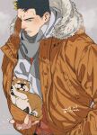  1boy animal animal_hands bara beard black_hair coat dog facial_hair grey_background holding holding_animal looking_at_viewer male_focus multicolored_hair open_mouth orange_coat original shiba_inu signature streaked_hair upper_body winter_clothes winter_coat yan_(bltyann) 