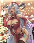  :d alternate_costume bare_shoulders black_nails blurry breasts christmas_tree cleavage cleavage_cutout clothing_cutout dark-skinned_female dark_skin depth_of_field detached_sleeves fangs fediel_(granblue_fantasy) granblue_fantasy hand_on_own_hip hat highleg highleg_panties highres horn_ornament horn_ribbon horns kuyabudz large_breasts long_hair midriff navel open_mouth panties pelvic_curtain purple_eyes ribbon santa_costume santa_hat single_thighhigh smile thighhighs underwear very_long_hair white_hair 