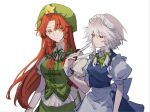  2girls apron armband bow chinese_clothes green_bow green_eyes green_shirt green_skirt green_vest hat hat_ornament holding holding_knife hong_meiling izayoi_sakuya knife long_hair looking_to_the_side maid maid_headdress multiple_girls red_eyes red_hair shirt short_hair skirt star_(symbol) star_hat_ornament throwing_knife touhou vest weapon white_apron white_background white_hair xian_qishui 