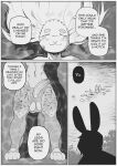  2023 anthro balls black_and_white close-up comic digital_media_(artwork) duo english_text erection female floating genitals gynomorph_(lore) hair hare hi_res lagomorph lake leporid long_hair male mammal markings monochrome muscular muscular_male nipples nude partially_submerged peculiart penis rabbit ruth_(peculiart) scar silhouette stig_(peculiart) text wet wet_body wet_hair 