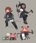  2boys 3girls :d ahoge animal_ears aqua_eyes aqua_hair armor axe black_hair blue_eyes braid brown_hair chainmail dark-skinned_female dark_skin fantasy feather_hair_ornament feathers freckles gauntlets grey_background hair_ornament half-swording head_wings highres holding holding_axe holding_sword holding_weapon knight mars_symbol mouse_ears multiple_boys multiple_girls original otoko_no_ko pink_hair porforever smile spoken_mars_symbol sword teeth twin_braids upper_teeth_only war_hammer weapon wide-eyed wings 