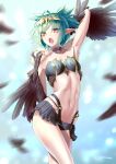  1girl arm_behind_head black_feathers black_wings breasts claws commentary_request commission fang feathers green_hair harpy highres indie_virtual_youtuber lincoro monster_girl navel open_mouth pointy_ears short_hair short_twintails skeb_commission small_breasts solo tiara toweling3 twintails virtual_youtuber winged_arms wings yellow_eyes 