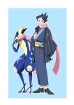  1boy 99akt1031 absurdres alternate_costume black_footwear black_gloves black_hair blue_background border closed_mouth commentary_request from_side gloves greninja grimsley_(pokemon) highres jacket japanese_clothes kimono male_focus open_clothes open_jacket pink_scarf pointy_hair pokemon pokemon_(creature) pokemon_(game) pokemon_bw raised_eyebrow sash scarf shoes smile standing white_border yellow_sash 