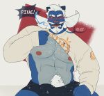  2023 abs absurd_res anthro anthrofied barazoku beard big_bulge big_muscles big_pecs blush bodily_fluids body_hair border bulge chest_hair clothed clothing dialogue embarrassed english_text erection erection_under_clothing eyebrows facial_hair generation_5_pokemon hair happy_trail hi_res kiba24 looking_at_viewer male mature_anthro mature_male muscular muscular_anthro muscular_male mustache narrowed_eyes navel nintendo nipples open_mouth pecs pokemon pokemon_(species) pokemorph pubes raised_clothing raised_sweater raised_topwear red_background samurott shy simple_background sitting solo sweat sweater talking_to_viewer teeth text tongue topwear underwear white_border 