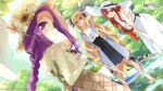  3girls arm_up barefoot braid braided_ponytail butterfly_net child closed_mouth commentary_request day dress fate/grand_order fate_(series) female_child hair_ornament hand_net hand_on_own_hip hand_on_own_neck hat highres holding holding_butterfly_net leaning_forward long_hair looking_at_viewer medusa_(fate) medusa_(lancer)_(fate) miss_crane_(fate) multiple_girls namori official_art open_mouth outdoors partially_submerged pond purple_eyes purple_hair second-party_source sleeveless smile standing straw_hat sun_hat teeth tree vritra_(fate) white_dress yellow_eyes 