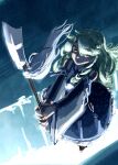  1girl blue_skirt closed_eyes detached_sleeves green_hair highres holding holding_stick kochiya_sanae koyane_(silver81106) light light_rays long_hair one_eye_closed skirt sleeveless solo stick touhou wide_sleeves 