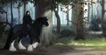 2023 animated armor black_body black_clothing branch cape cloak clothing duo equid equine feral forest forest_background fur grass horse human leaf lights male mammal mane nature nature_background ostinlein path plant quadruped riding shrub tail tree white_body white_fur 