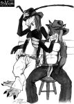  antennae_(anatomy) anthro arthropod canid canine cigarette cigarette_in_mouth claws clothed clothing cowboy_hat divdurvart dragon duo fox hair hat headgear headwear hybrid long_hair male mammal nipples object_in_mouth topless 