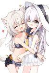  2girls :d ;d ^_^ animal_ear_fluff animal_ears bikini black_bikini black_bow black_sailor_collar black_shorts blush bow cat_ears cat_girl cat_tail ciela_(yuuhagi_(amaretto-no-natsu)) closed_eyes commentary_request dress fang frilled_dress frills grey_hair hair_between_eyes hat hat_bow heart highres hug kemonomimi_mode long_hair multiple_girls one_eye_closed original red_girl_(yuuhagi_(amaretto-no-natsu)) sailor_collar sailor_dress short_shorts shorts simple_background sleeveless sleeveless_dress smile standing sun_hat swimsuit tail very_long_hair white_background white_dress white_hair white_headwear yuuhagi_(amaretto-no-natsu) 