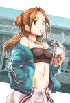  1girl bare_shoulders blue_track_suit boku_no_kokoro_no_yabai_yatsu bone_necklace breasts brown_eyes brown_hair cleavage collarbone convenience_store cup disposable_cup earrings food_in_mouth forehead hagiya_masakage hand_in_pocket highres holding holding_cup ice ice_cube ice_cube_in_mouth jewelry long_hair looking_at_viewer midriff navel necklace off_shoulder open_mouth pants parted_bangs sagging_breasts shop small_breasts solo spilling strapless tongue tongue_out track_pants track_suit tube_top white_pants yoshida_serina 