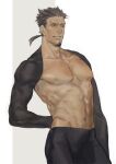  1boy abs arm_behind_back bara bare_pectorals black_hair bulge facial_hair feet_out_of_frame goatee groin large_pectorals looking_to_the_side male_focus mature_male muni_(fdrk) muscular muscular_male navel nipples original pectorals short_hair short_ponytail shrug_(clothing) sideburns solo standing stomach 