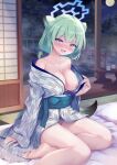  1girl :d animal_ear_fluff animal_ears bandaid bandaids_on_nipples bare_shoulders barefoot blue_archive blue_nails blush breasts bridge choko_(cup) collarbone commentary_request cup full_moon futon green_hair half-closed_eyes halo highres hinoka_(allen) indoors japanese_clothes kimono long_hair long_sleeves looking_at_viewer moon nail_polish night night_sky nose_blush off_shoulder on_bed onsen pasties pillow print_kimono purple_eyes railing revision shigure_(blue_archive) sky sleeves_past_wrists smile soles solo steam table tail tatami tree water yagasuri yukata 