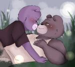  2023 anthro bear black_nose blush bottomwear brown_body clothing detailed_background duo eyewear glasses hi_res humanoid_hands lying male mammal padre_(unicorn_wars) pants purple_body sargento_caricias shirt topwear unicorn_wars zadscat 