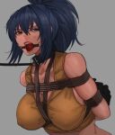  1girl absurdres arms_behind_back ball_gag bdsm black_gloves blue_eyes blue_hair bondage bound bound_arms breast_bondage breasts covered_nipples gag gagged gloves harris_hero highres leona_heidern ponytail restrained rope solo tank_top the_king_of_fighters the_king_of_fighters_xv yellow_tank_top 