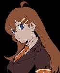  1girl ahoge armband black_background blue_eyes breasts bright_pupils brown_hair brown_jacket collared_shirt commentary_request hod_(project_moon) jacket lobotomy_corporation long_hair medu_(rubish) necktie open_mouth orange_necktie project_moon scar scar_on_neck shirt simple_background small_breasts solo white_pupils white_shirt 