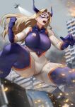  1girl aircraft blonde_hair blurry blurry_background bodysuit boku_no_hero_academia breasts brown_eyes building cameltoe clenched_hand dirty dirty_clothes dirty_face eye_mask fake_horns giant giantess helicopter highres horns large_breasts long_hair mount_lady skin_tight solo teeth thick_thighs thighs torn_clothes yoshio_(55level) 