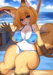  2023 anthro big_breasts bikini blonde_hair blue_eyes blush breasts brown_body brown_fur canid canine chest_tuft cleavage clothed clothing cute_fangs digital_media_(artwork) dipstick_ears dipstick_tail female female_anthro fluffy fox fox_next_door_(horokusa) fur hair hi_res horokusa0519 kemono looking_at_viewer mammal markings multicolored_body multicolored_ears multicolored_fur multicolored_tail open_mouth short_hair solo swimwear tail tail_markings tongue tuft white_body white_fur yellow_body yellow_fur 