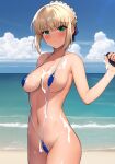  1girl ahoge ai-assisted alternate_costume annoyed areola_slip arm_behind_back arm_up artoria_pendragon_(fate) bare_shoulders beach bikini blonde_hair blue_bikini blush braid breasts closed_mouth collarbone covered_nipples cum cum_on_body cum_on_breasts cum_on_hands day fate/stay_night fate_(series) frown green_eyes haruhisky highres large_breasts looking_at_viewer medium_breasts navel one-piece_swimsuit outdoors ribbon saber short_hair sidelocks slingshot_swimsuit solo standing stomach swimsuit 