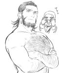  2boys arm_hair bara beard blush buzz_cut chest_hair chibi chibi_inset covering_own_eyes crossed_arms earrings facial_hair golden_kamuy greyscale hairy hoop_earrings jewelry kiroranke large_pectorals looking_at_viewer male_focus mature_male medium_hair monochrome multiple_boys muscular muscular_male navel_hair nipples nore_(boosuke) nude pectorals shiraishi_yoshitake short_hair translation_request upper_body very_short_hair yaoi 