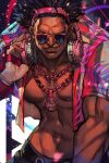  1boy abs afro black_hair chain_necklace dark-skinned_male dark_skin dee_jay fingerless_gloves gloves headphones headphones_around_neck hungry_clicker jewelry looking_at_viewer male_focus medallion muscular muscular_male necklace no_eyebrows open_clothes open_shirt solo street_fighter street_fighter_6 sunglasses very_dark_skin white_gloves wireless 