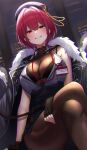  beret breasts cleavage crossed_legs fingerless_gloves gloves grin hat heterochromia highres hololive houshou_marine jacket jacket_on_shoulders lanyard large_breasts looking_at_viewer menmen_(menmen13s) official_alternate_costume open_clothes open_shirt pantyhose red_eyes red_hair see-through short_hair sitting smile solo virtual_youtuber yellow_eyes 