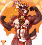  abstract_background anthro bell bell_collar christmas christmas_clothing christmas_lights clothed clothing collar deer flexing harness hi_res holidays jockstrap looking_at_viewer male mammal muscular new_world_deer pose reindeer reins ryanyeen skimpy solo underwear 