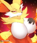  2023 anthro arm_under_breasts artist_name big_breasts black_nose breasts bunnemilk cheek_tuft chest_tuft delphox eyebrows facial_tuft featureless_breasts female fur generation_6_pokemon half-closed_eyes hand_on_breast hi_res huge_breasts inner_ear_fluff multicolored_body multicolored_fur narrowed_eyes nintendo pokemon pokemon_(species) red_body red_eyes red_fur smile solo tuft white_body white_fur yellow_body yellow_fur 