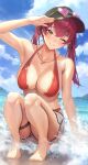  1girl arm_up armpits bare_shoulders barefoot beach bikini black_headwear blue_sky breasts cloud commentary_request day feet hat heart heart-shaped_eyewear heart_necklace highres hololive houshou_marine houshou_marine_(4th_costume) jacket jewelry kobayashi_(jna_x_rgh) large_breasts legs long_hair looking_at_viewer necklace one_eye_closed open_clothes outdoors red_bikini red_hair revision shorts sitting sky smile solo sunglasses swimsuit toenails toes track_jacket twintails virtual_youtuber water white_shorts yellow_eyes 