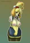  animal_crossing anthro big_breasts black_nose blouse bottomwear breasts brown_eyes canid canine canis ceyemeka clothing domestic_dog female fur green_lipstick hi_res isabelle_(animal_crossing) legwear lipstick makeup mammal nintendo nipples secretary shih_tzu skirt smile solo stockings topwear toy_dog yellow_body yellow_fur 