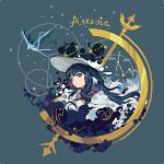  1girl arknights astesia_(arknights) astesia_(starseeker)_(arknights) bird blue_background blue_bird blue_eyes blue_hair braid bright_pupils character_name circle constellation flying_animal light_smile looking_at_viewer pixel_art planet solo star_(symbol) turtleye white_pupils wide_brim 