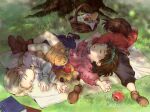  1girl 4boys basket blanket book bread brown_hair cape closed_eyes closed_mouth food full_body gensou_suikoden gensou_suikoden_ii grass hairband jowy_atreides-blight lying mukumuku multiple_boys nanami_(suikoden) open_mouth riou_(suikoden) shirt short_hair sleeping sleeping_on_person sukida_rake tree 