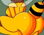  2023 anthro arthropod bee big_breasts big_butt breasts butt crouching digital_media_(artwork) female hi_res huge_butt hymenopteran insect neck_tuft nipples queen_bee_(terraria) ribbonrolls simple_background solo stinger terraria tuft wings yellow_body 
