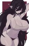  1girl :o adventure_time black_hair border bra breasts colored_skin english_commentary grey_bra grey_skin highres huge_breasts large_breasts long_hair marceline_abadeer navel one_eye_closed panties pointy_ears red_background sleepy striped striped_panties thick_thighs thighs underwear vampire waking_up white_border wide_hips yoshiikirablr 