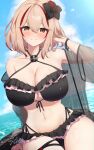  1girl azur_lane bare_shoulders bikini blonde_hair blue_sky blush breasts brown_eyes cleavage closed_mouth cloud commentary_request day dutch_angle flower frilled_bikini frills hair_between_eyes hair_flower hair_ornament hand_in_own_hair highres large_breasts looking_at_viewer multicolored_hair navel outdoors red_hair roon_(azur_lane) see-through shionootsu short_hair sky smile solo stomach streaked_hair swimsuit swimsuit_cover-up thigh_gap two-tone_bikini two-tone_hair wet 