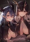  2girls :q azur_lane bare_shoulders black_hair blue_eyes blue_hair blush breasts cleavage closed_mouth collarbone golden_hind_(azur_lane) hair_between_eyes highres horns large_breasts long_hair long_sleeves looking_at_viewer mary_celeste_(azur_lane) mole mole_under_mouth multiple_girls paid_reward_available parted_lips pointy_ears purple_eyes sea_nami smile tongue tongue_out 