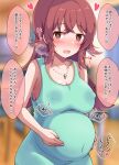  1girl absurdres aqua_dress big_belly blurry blurry_background blush breasts collarbone commentary_request covered_navel covered_nipples dress ginmugi hair_between_eyes hands_on_own_stomach heart heavy_breathing highres idolmaster idolmaster_shiny_colors jewelry komiya_kaho lactation lactation_through_clothes large_breasts long_hair looking_at_viewer necklace no_bra open_mouth pregnant red_eyes red_hair ring sidelocks sleeveless sleeveless_dress smile solo speech_bubble sweat translation_request wedding_ring wet wet_clothes 