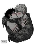  2boys arms_around_neck bara black_hair blonde_hair blush closed_eyes collared_shirt couple cris_art cropped_torso ear_piercing greyscale head_on_another&#039;s_shoulder hulkling kiss male_focus marvel monochrome multiple_boys piercing shirt short_hair sideburns spot_color thick_eyebrows white_background wiccan yaoi 