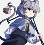  1girl animal animal_ears black_skirt black_vest capelet dowsing_rod grey_capelet grey_hair highres jewelry kamabokopic long_sleeves mouse mouse_ears mouse_tail nazrin pendant red_eyes shirt short_hair simple_background skirt solo tail touhou vest white_background white_shirt 