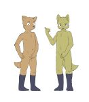  2020 4_fingers anthro balls brown_body brown_fur butt canid canine canis clothing domestic_dog duo eyebrows fingers footwear footwear_only fur genitals gesture hi_res hiding_penis male mammal mostly_nude navel nekotanyanneko pointing pointing_back serious simple_background socks socks_only tail white_background young 