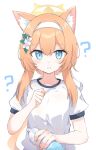  1girl ? animal_ear_fluff animal_ears blue_archive blue_eyes blush bottle commentary_request flower fox_ears gym_uniform hair_flower hair_ornament hairband halo hand_up highres holding holding_bottle long_hair looking_at_viewer mari_(blue_archive) mari_(track)_(blue_archive) orange_hair ponytail preste shirt short_sleeves sidelocks simple_background solo straight-on sweat upper_body water_bottle wet wet_clothes wet_shirt white_background white_flower white_hairband white_shirt yellow_halo 
