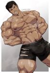  1boy abs arms_behind_back artist_name bara berserk black_hair black_male_underwear bulge guts_(berserk) highres kimakkun large_pectorals male_focus male_underwear muscular muscular_male navel nipples pectorals scar scar_on_arm scar_on_chest scar_on_face scar_on_nose short_hair smile solo teeth thick_thighs thighs underwear 