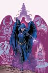  1girl bird blue_cloak candle cape cloak colored_skin crow dc_comics demon detached_sleeves earrings english_commentary extra_eyes full_body highres jewelry long_sleeves looking_at_viewer magic meditation nicolascottart official_art purple_nails raven_(dc) solo superhero teen_titans western_comics_(style) witch 