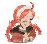  1girl ahoge blue_eyes braid deviled_hearts fire_emblem fire_emblem_fates long_hair low_twin_braids nina_(fire_emblem) one_eye_closed parted_bangs pointy_ears portrait red_hair solo star_(symbol) tongue tongue_out twin_braids 