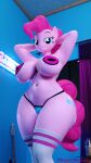  3d_(artwork) absurd_res anthro anthrofied big_breasts breasts camel_toe clothing digital_media_(artwork) equid equine female floppyhuman friendship_is_magic hair hands_behind_head hasbro hi_res horse mammal my_little_pony panties pasties pink_hair pinkie_pie_(mlp) pony solo thick_thighs underwear wide_hips 