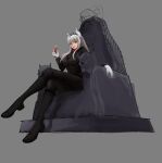  1girl black_necktie black_suit crossed_legs cup demon demon_girl demon_horns gloves helltaker holding holding_cup horns long_hair looking_at_viewer lucifer_(helltaker) necktie office_lady red_eyes red_shirt shirt sitting suit throne white_gloves white_hair white_horns 