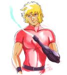  1boy arm_cannon belt blonde_hair blue_eyes cobra_(space_adventure_cobra) dated highres kujira_gunsou male_focus medium_hair pectorals red_shirt retro_artstyle shirt short_sleeves sideburns simple_background smile smoking space_adventure_cobra toned toned_male weapon white_background wristband 